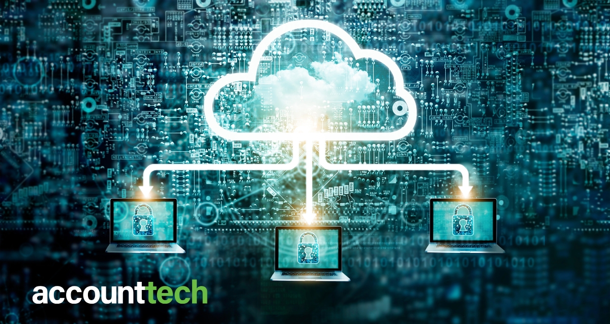 Cloud-based security illustration showing a cloud connected to laptops with lock icons, symbolizing secure real estate software solutions from AccountTECH.