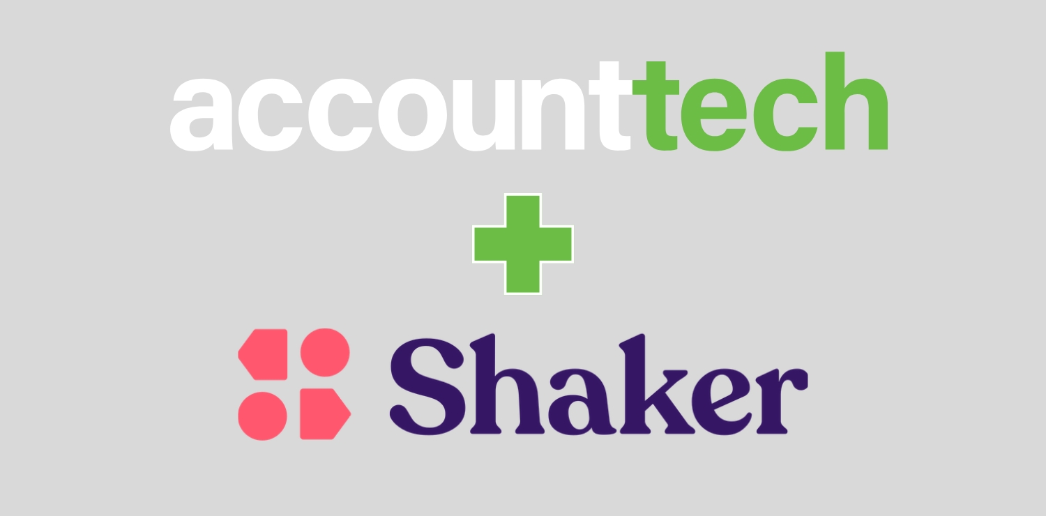 Combined branding graphic showing AccountTECH and Shaker logos with a green plus symbol between them