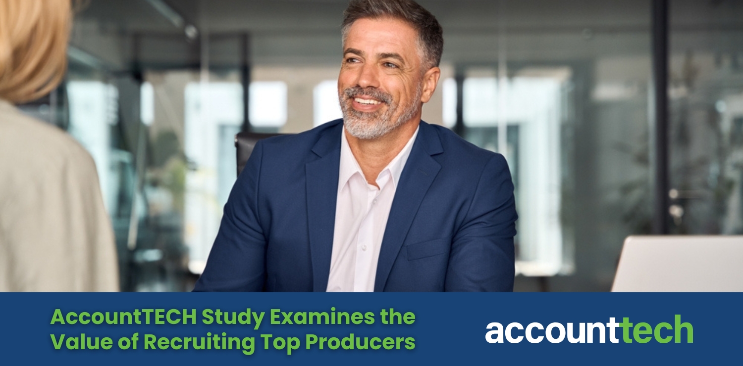 Real estate agent shaking hands with a brokerage manager in a modern office. Text overlay: AccountTECH Study: What Actually Works When Recruiting Top Producers?