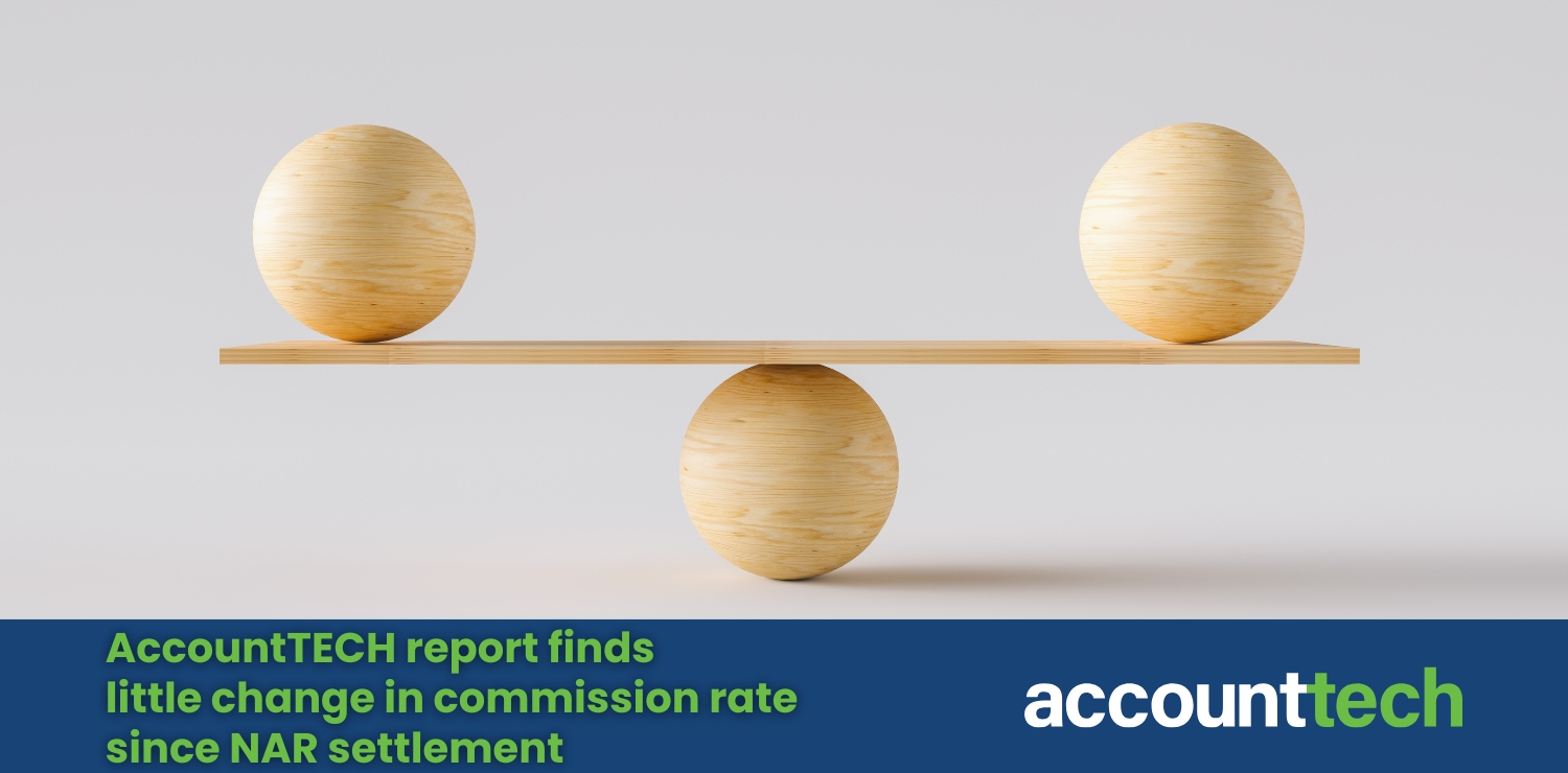 Minimalist image of two wooden spheres balanced on a third, symbolizing stability. Text reads: AccountTECH report finds little change in commission rate since NAR settlement
