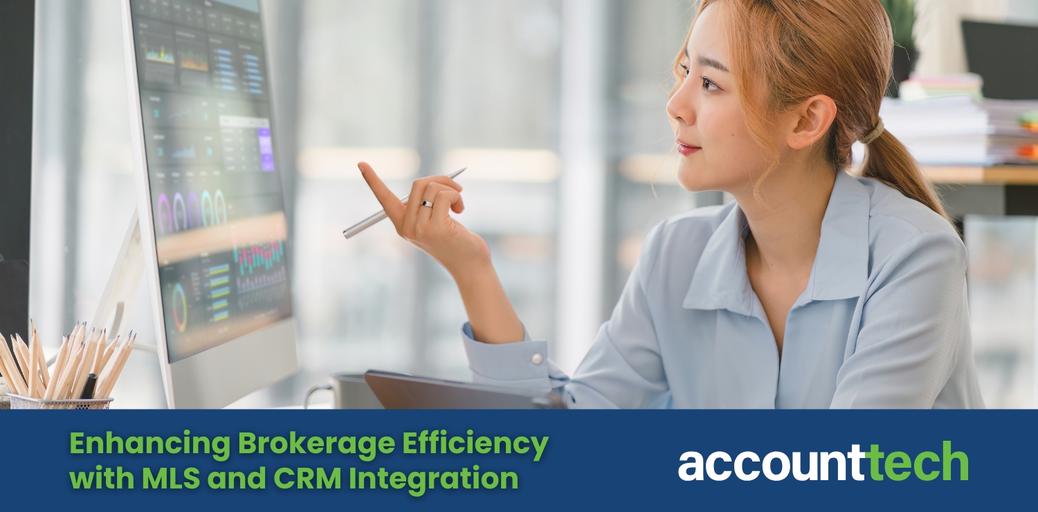 MLS and CRM dashboards connected on dual monitors with broker reviewing synced client data. Text: Enhancing Brokerage Efficiency with MLS and CRM Integration