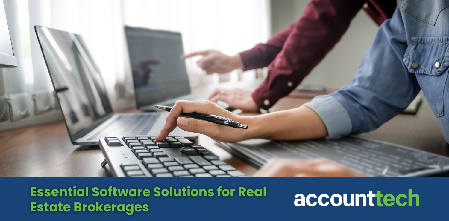 Hands-on demonstration of real estate software with professionals pointing at financial dashboards. Text reads: Essential Software Solutions for Real Estate Brokerages