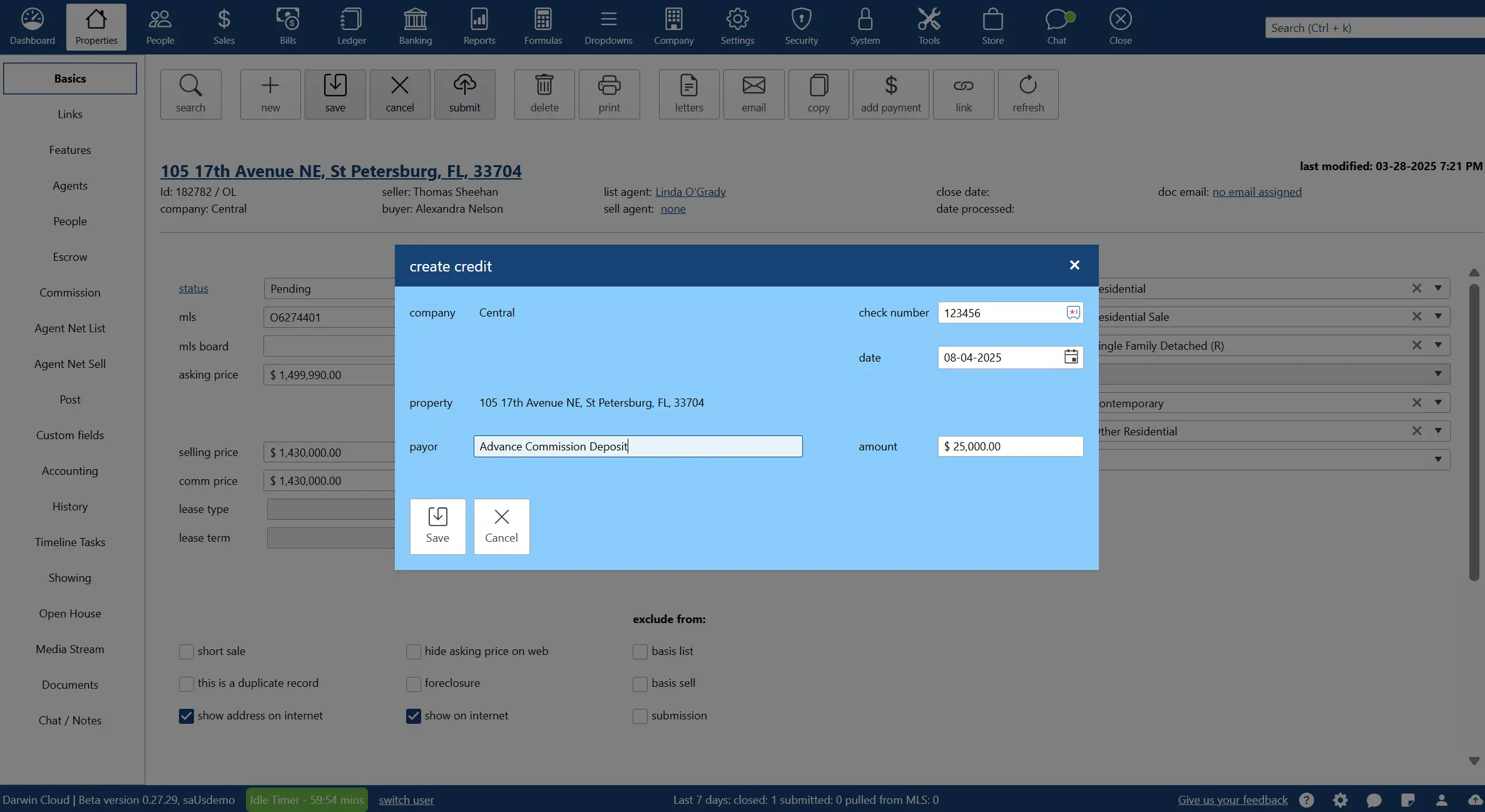 Real estate CRM create credit interface for advance commission deposit processing with property details