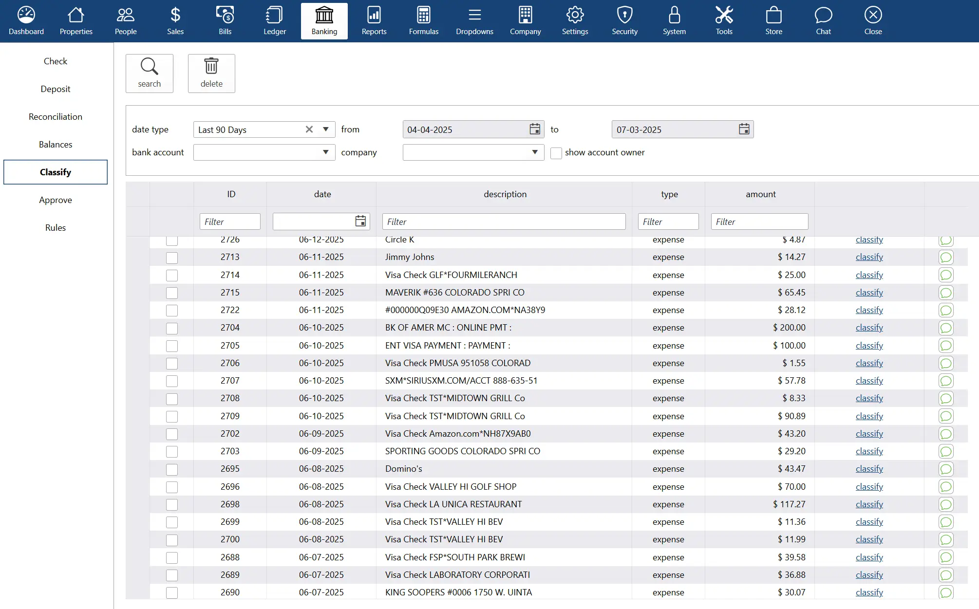 A banking interface screen from an accounting software showing a transaction classification table. The screen has a navigation menu on the left with options: Check, Deposit, Reconciliation, Balances, Classify (highlighted), Approve, and Rules. The main section contains filters for date type, bank account, company, and date range (from 04-04-2025 to 07-03-2025). Below the filters is a table with columns for ID, date, description, type, amount, and a 