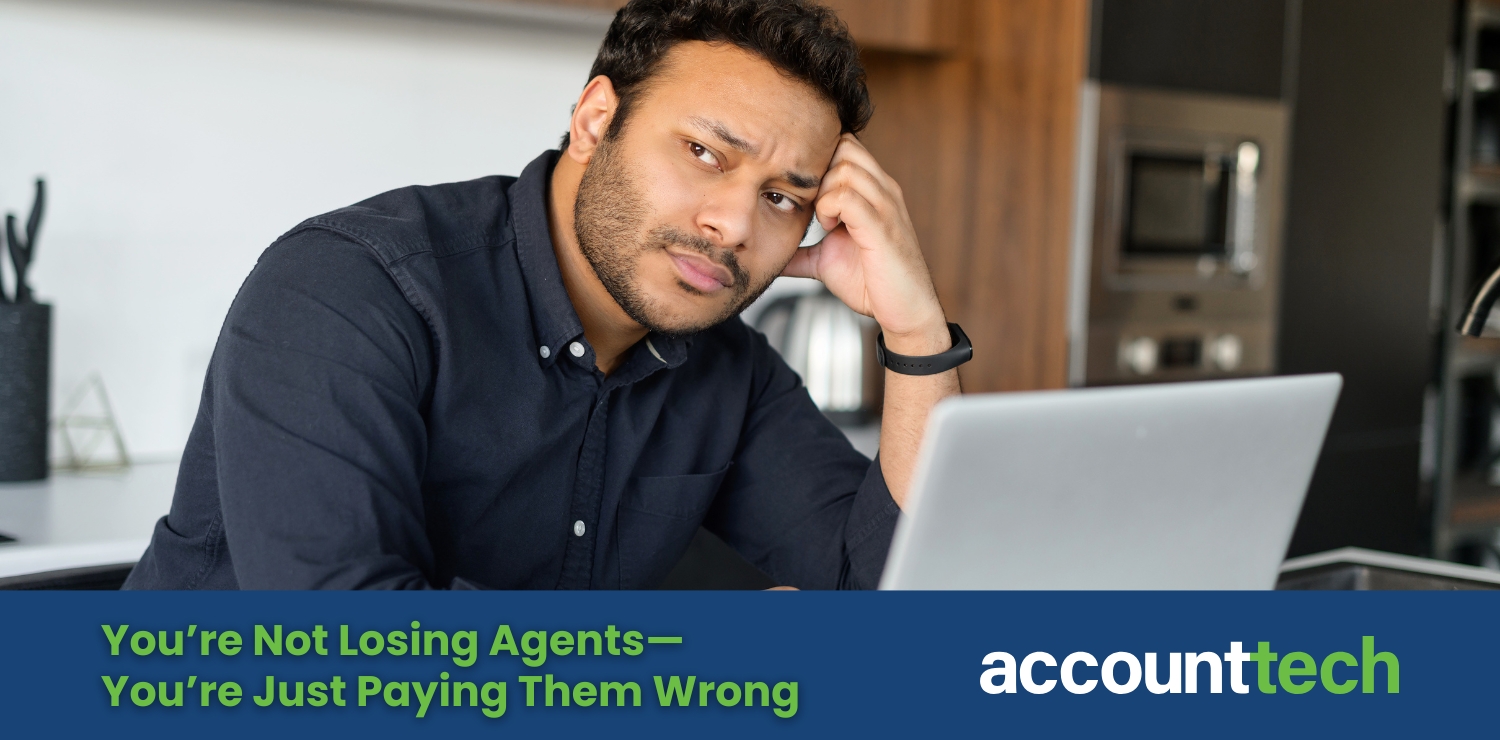 A frustrated real estate broker reviewing commission payout reports with agents in the background. Text overlay reads: You're Not Losing Agents—You're Just Paying Them Wrong.