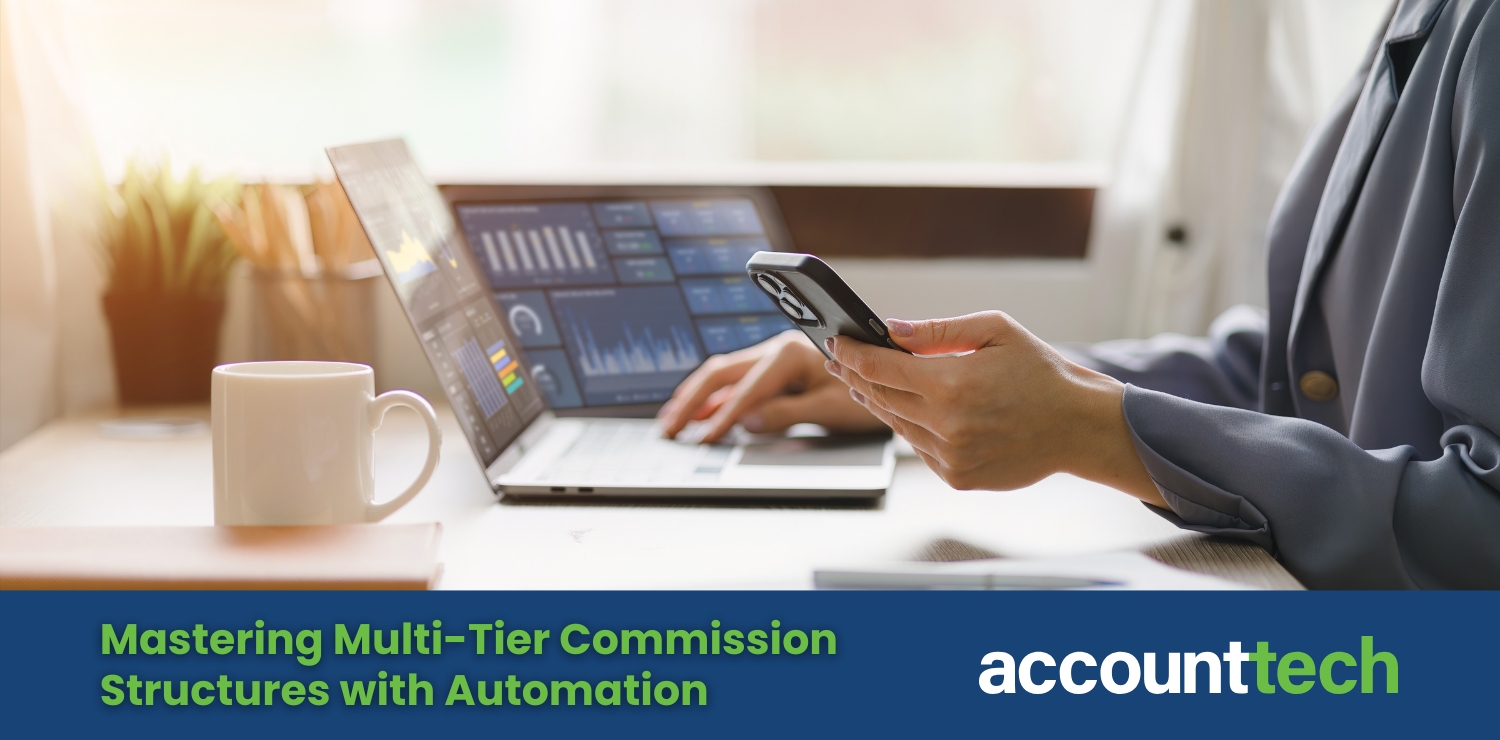 Visual chart of tiered commission splits and override payouts. Overlay text: Mastering Multi-Tier Commission Automation for Real Estate Brokerages