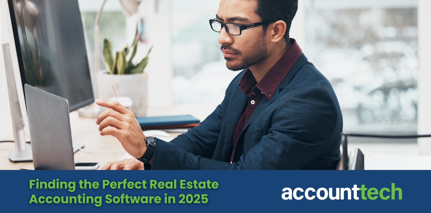 Confident real estate professional at desk reviewing financial reports on a tablet. Text reads: The Perfect Real Estate Accounting Software Doesn’t Exist (Or Does It?)