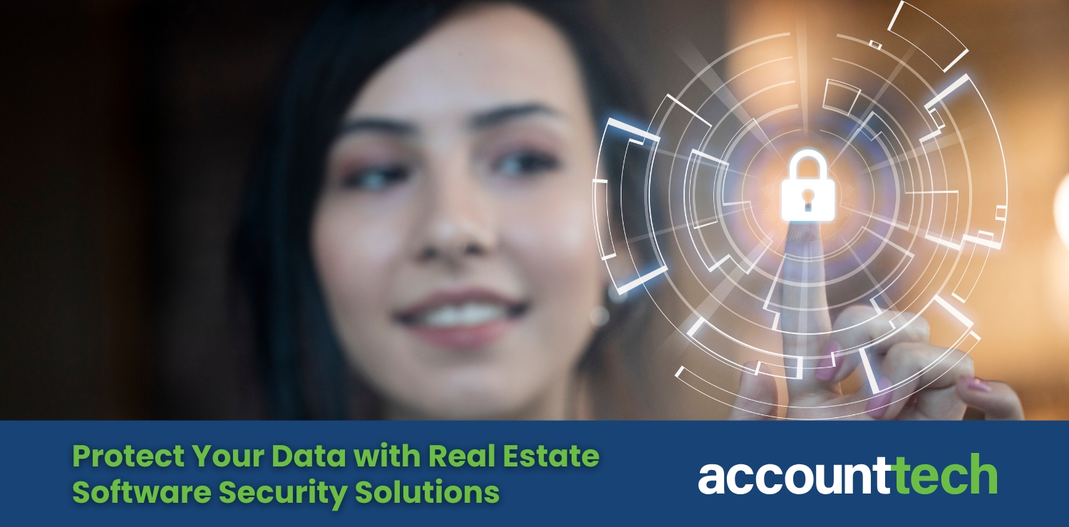 Cybersecurity-themed graphic with a lock icon over cloud servers and real estate charts. Text: How to Protect Your Data with Real Estate Software Security Best Practices