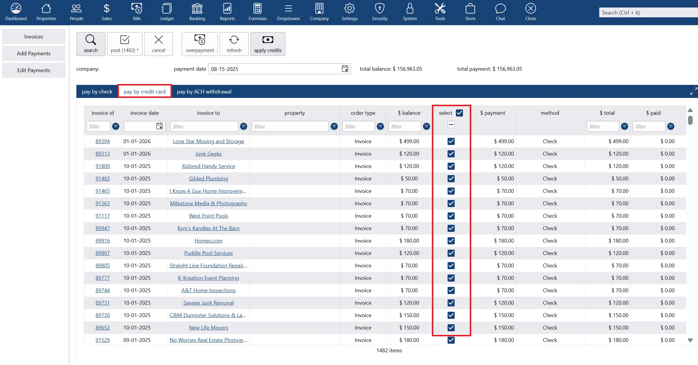 This screenshot shows the Pay Bills screen in darwin.Cloud, where users can select multiple invoices to be paid at once and choose their preferred payment method—by check, credit card, or ACH withdrawal. The interface displays invoice details, balances, and payment status, with simple checkboxes to quickly mark which bills should be included in the payment batch, making bulk payments fast and efficient.