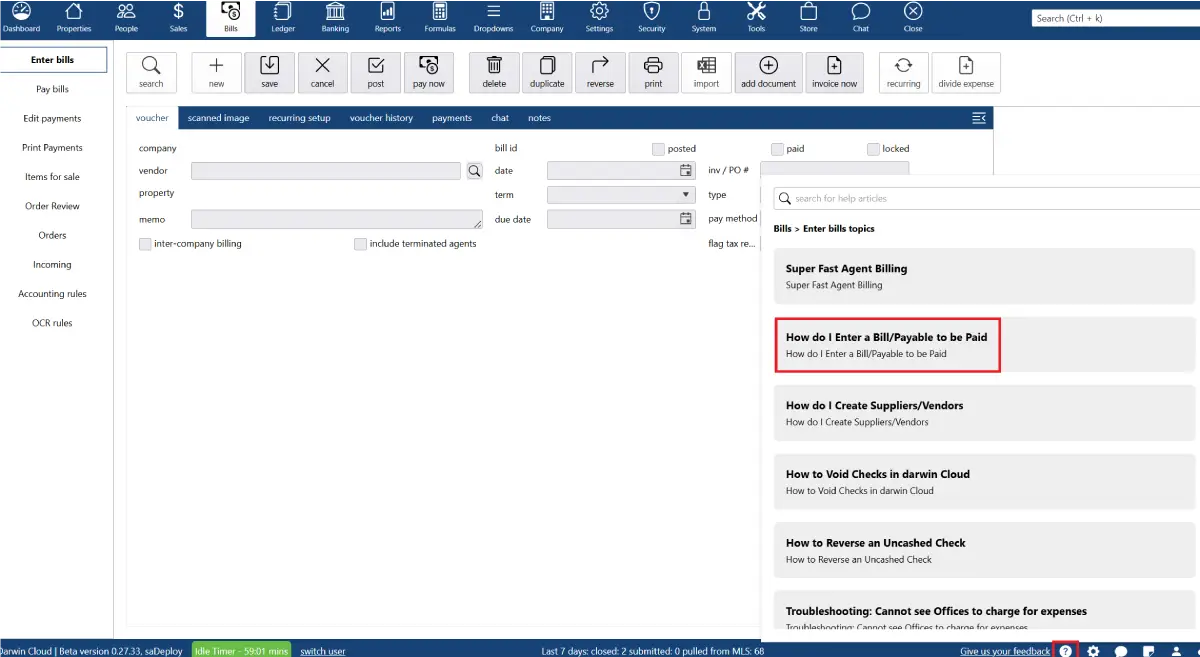This screenshot shows the Enter Bills screen in darwin.Cloud, where users can record vendor invoices, assign properties, and set payment details. At the same time, the system’s context-aware help panel appears on the right, automatically displaying step-by-step guides related to the task—such as entering a bill, creating vendors, or voiding checks—so users get instant support without leaving the workflow