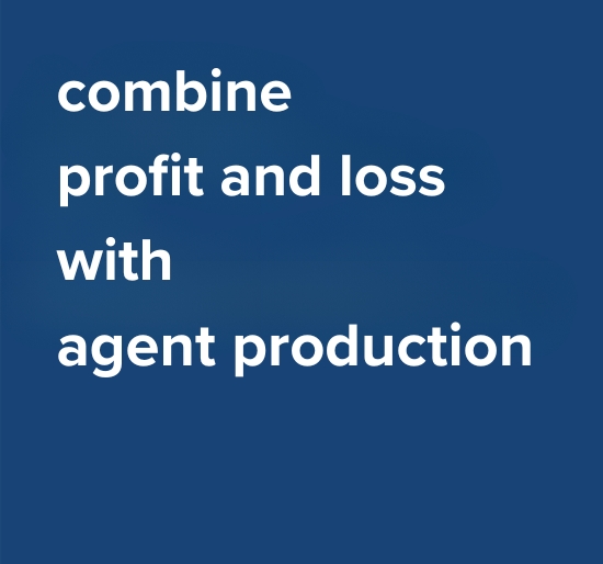blue background with white text that reads 'combine profit and loss with agent production' — promoting AccountTECH's integrated performance reporting tools