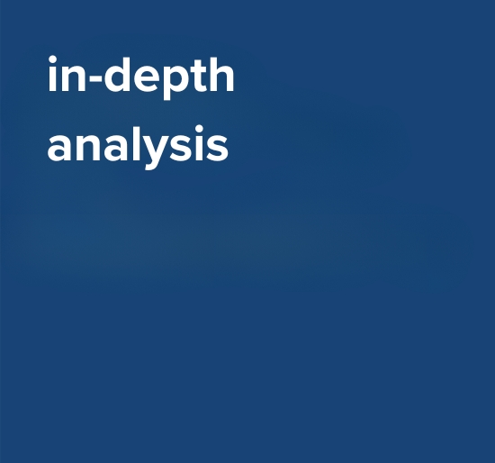 blue background with the phrase 'in-depth analysis' in white text — highlighting the detailed reporting features of AccountTECH’s software